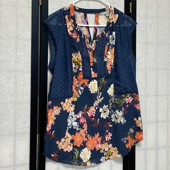 Daniel Rainn V Neck Sheer Keyhole Back Dot & Floral Top Navy Orange S Sleeveless - Picture 3 of 14